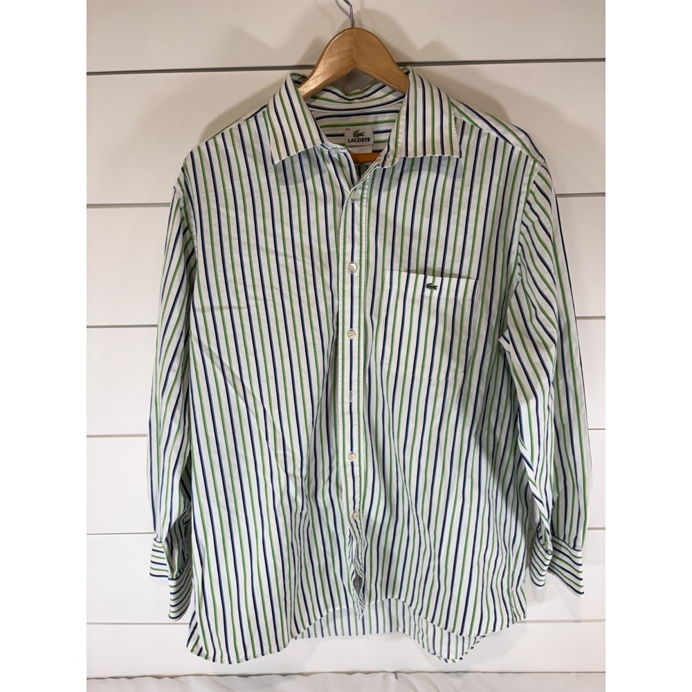 Lacoste Men's 44 XL Green White Blue‎ Black Stripe Button Down Shirt 100% Cotton